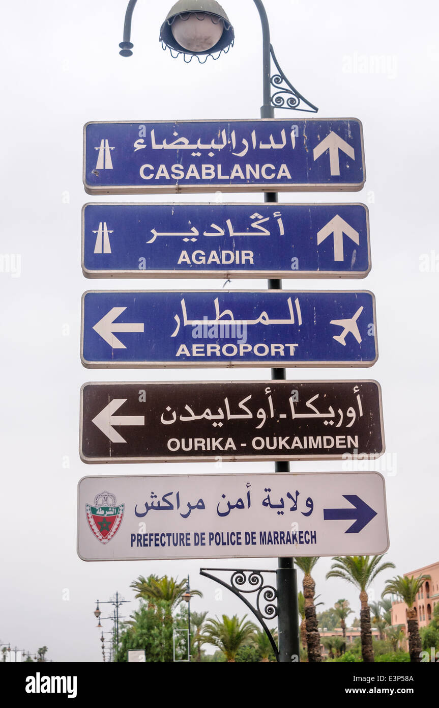 Signs in Marrakech, Morocco to Casablanca, Agadir, airport and Ourika Oukaimden Stock Photo
