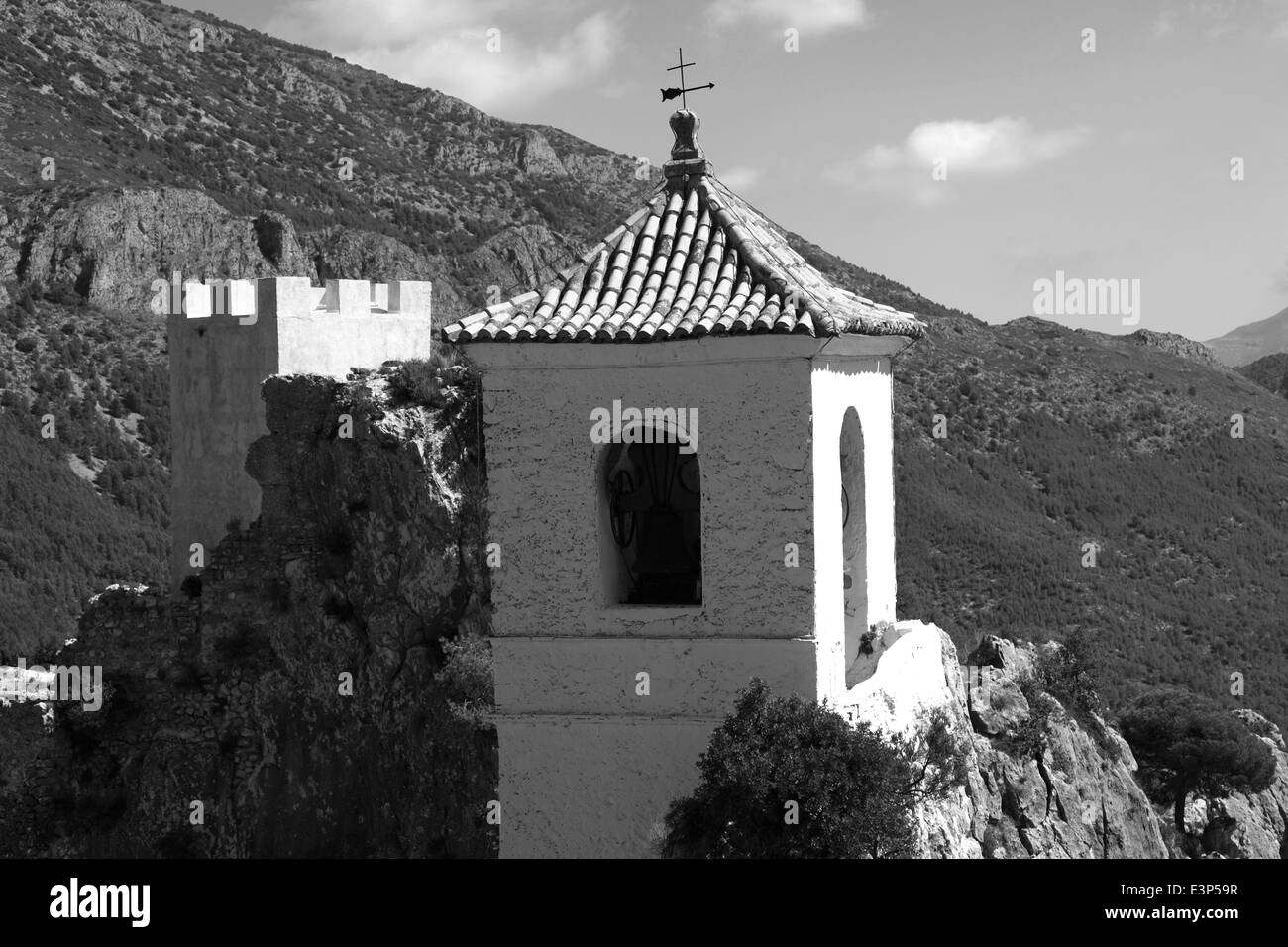The Bell tower of the Castillo de San José, Guadalest medival village, Sierrade Aitana mountains, Costa Blanca, Spain, Europe Stock Photo