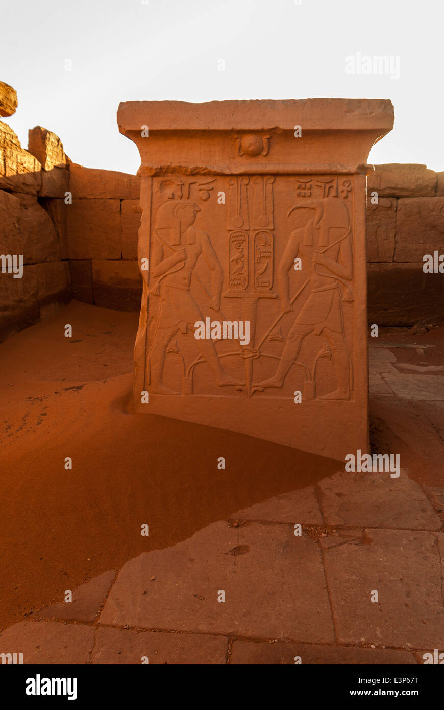 Copy of carved stone altar with reliefs depicting gods Horus and Thot, Amun Temple, Naqa, northern Sudan Stock Photo
