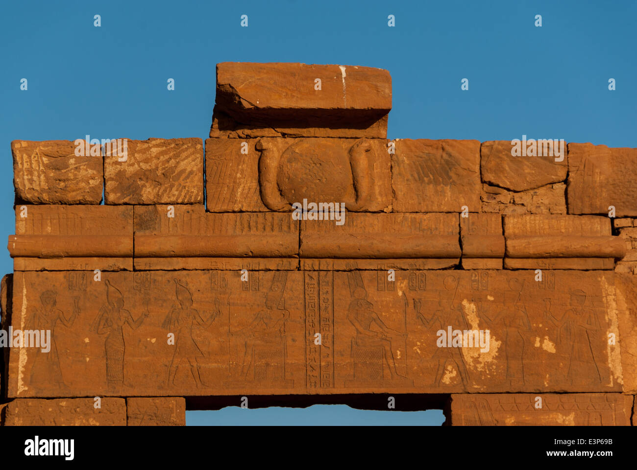 Egyptian style architrave (lintel, epistyle) over Doorway of Amon Ra Temple, Naqa, northern Sudan Stock Photo
