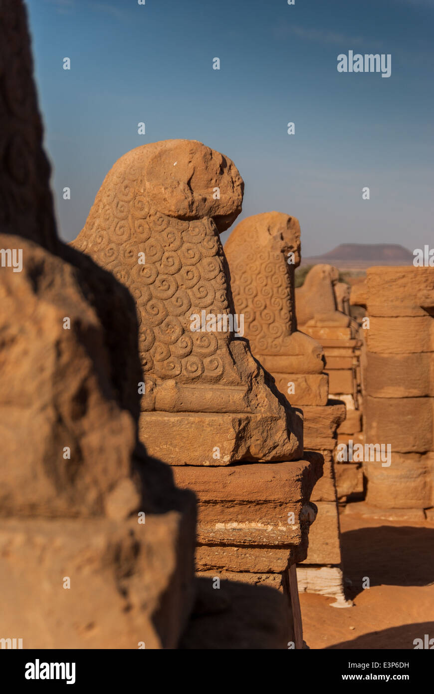 Avenue of Rams near Temple of Amun-Ra, Naqa, northern Sudan Stock Photo