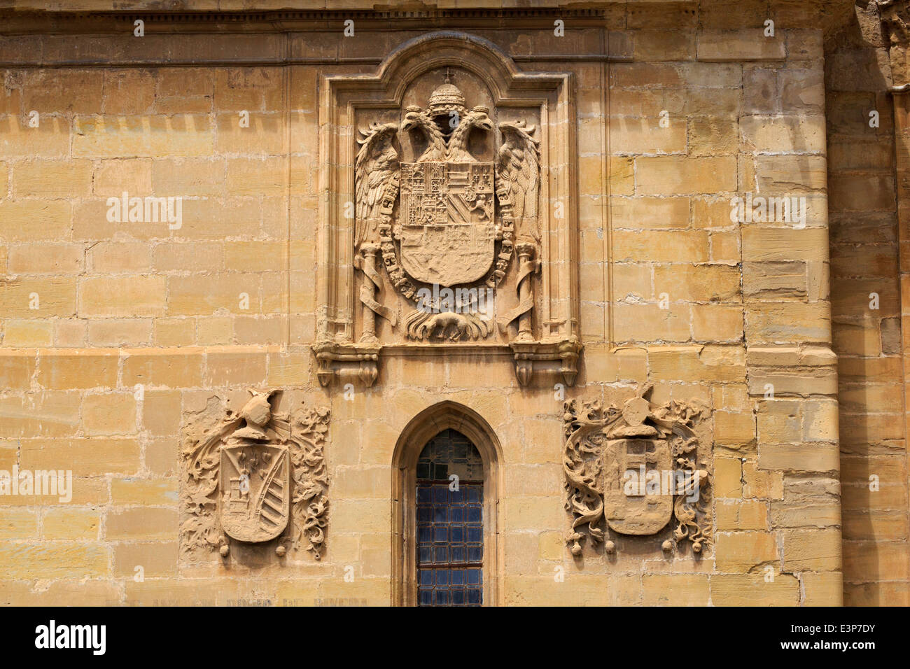 Santo Domingo de la Calzada, La Rioja, Spain. Carved stone coats of arms on the cathedral walls. Stock Photo