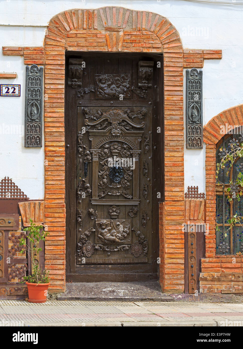 Santo Domingo de la Calzada, La Rioja, Spain. Carved wooden door in the old town. Stock Photo