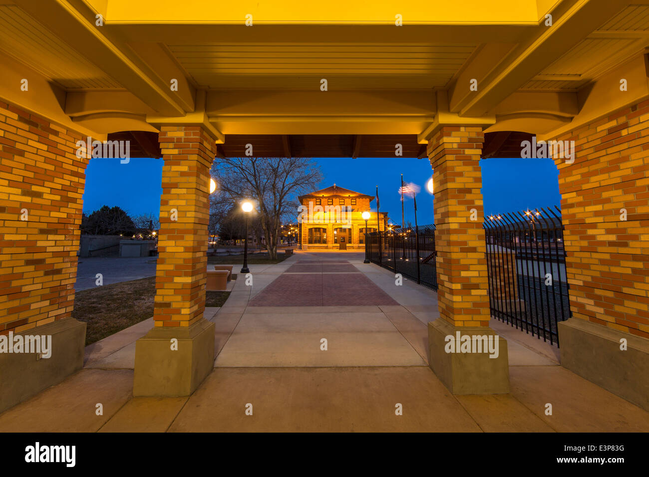 The Northern Pacific Train Depot lit up at dusk in downtown Missoula