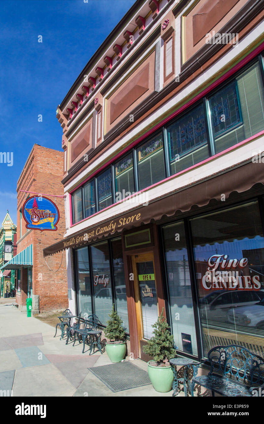 Colorful storefronts along Main Street in downtown Philipsburg, Montana, USA Stock Photo