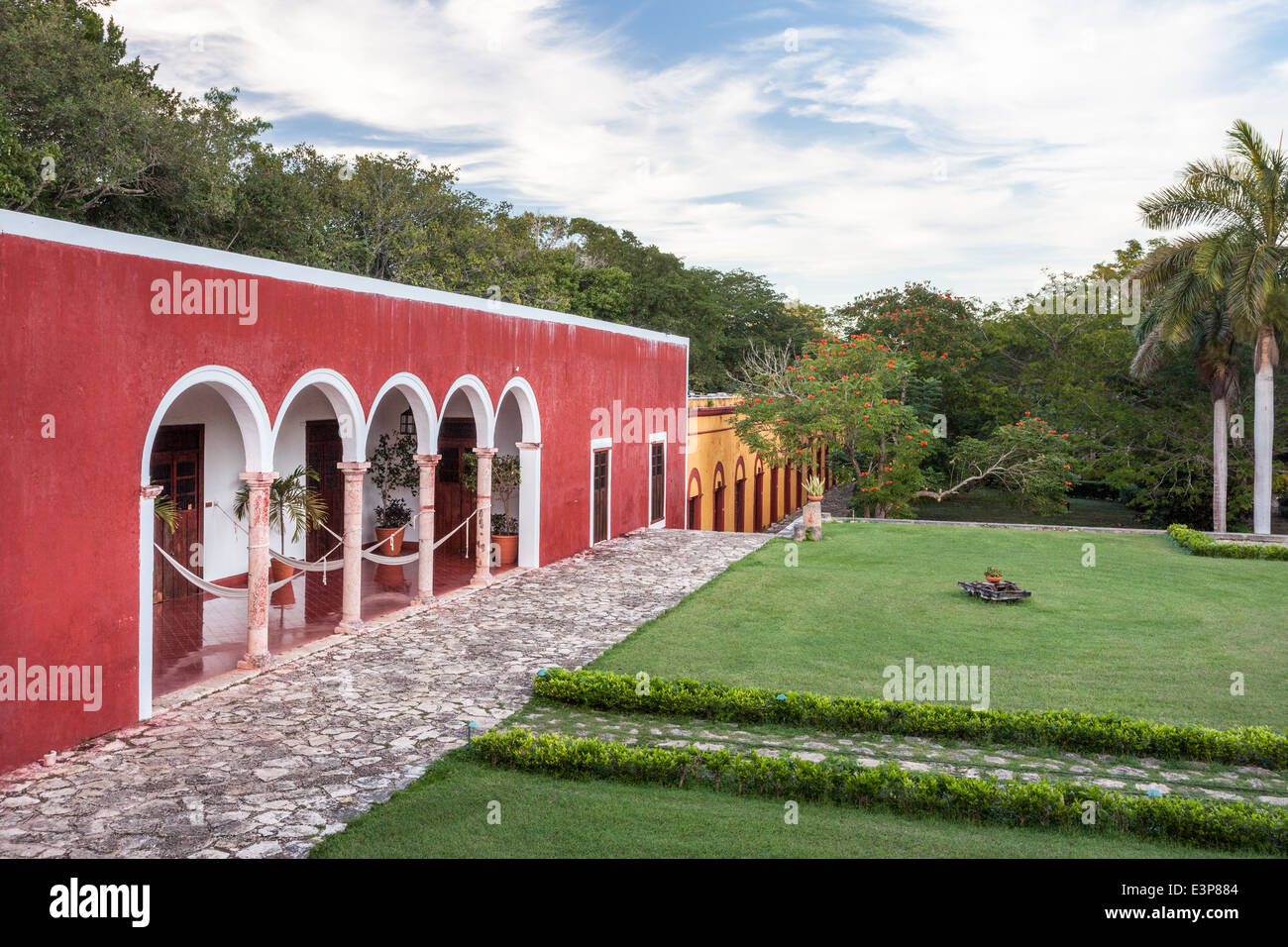 View off the front patio of the Hacienda Temozon in Yucatan, Mexico. Stock Photo