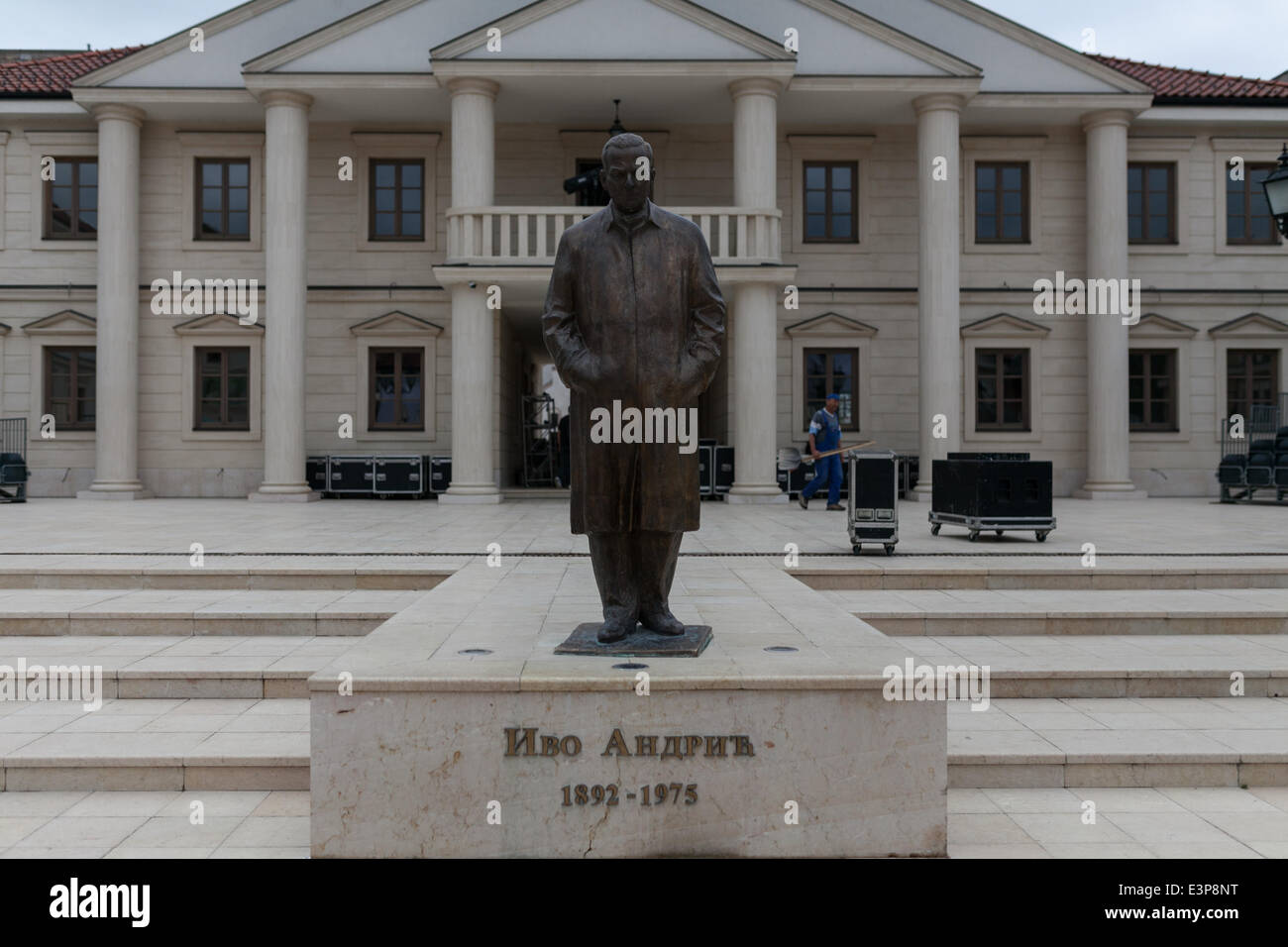 BOSNIA AND HERZEGOVINA / Visegrad / Statue of Yugoslav writer Ivo Andrić, Nobel prize winning author in main square of mini-town Andricgrad. Stock Photo
