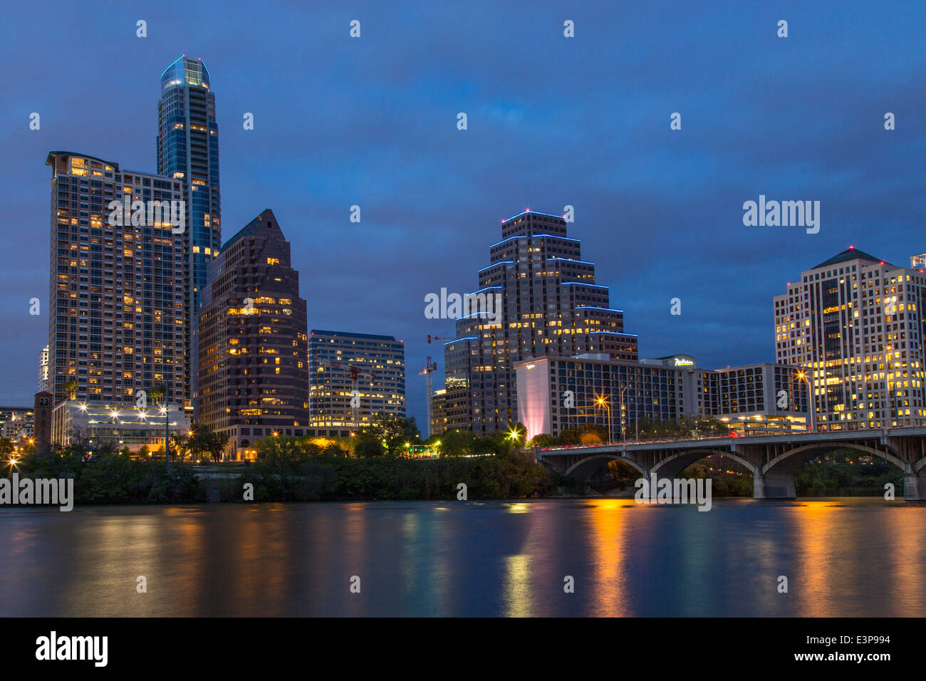 City skyline reflects into Lady Bird Lake in Austin, Texas, USA Stock Photo