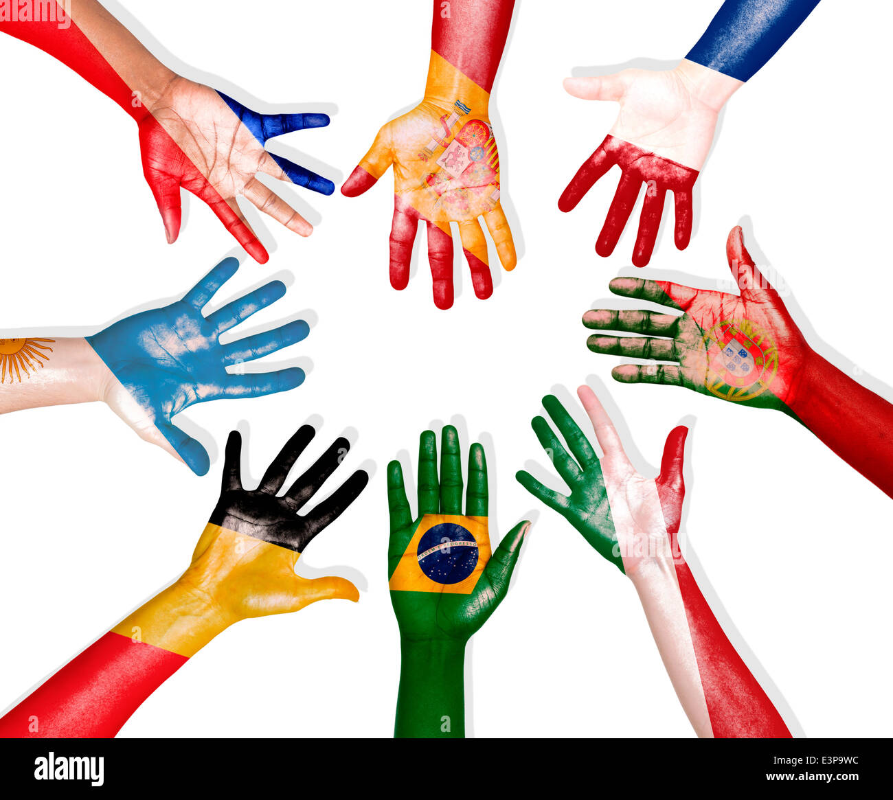 Multi-National Flags Drawn on Hands Forming a Circle Stock Photo