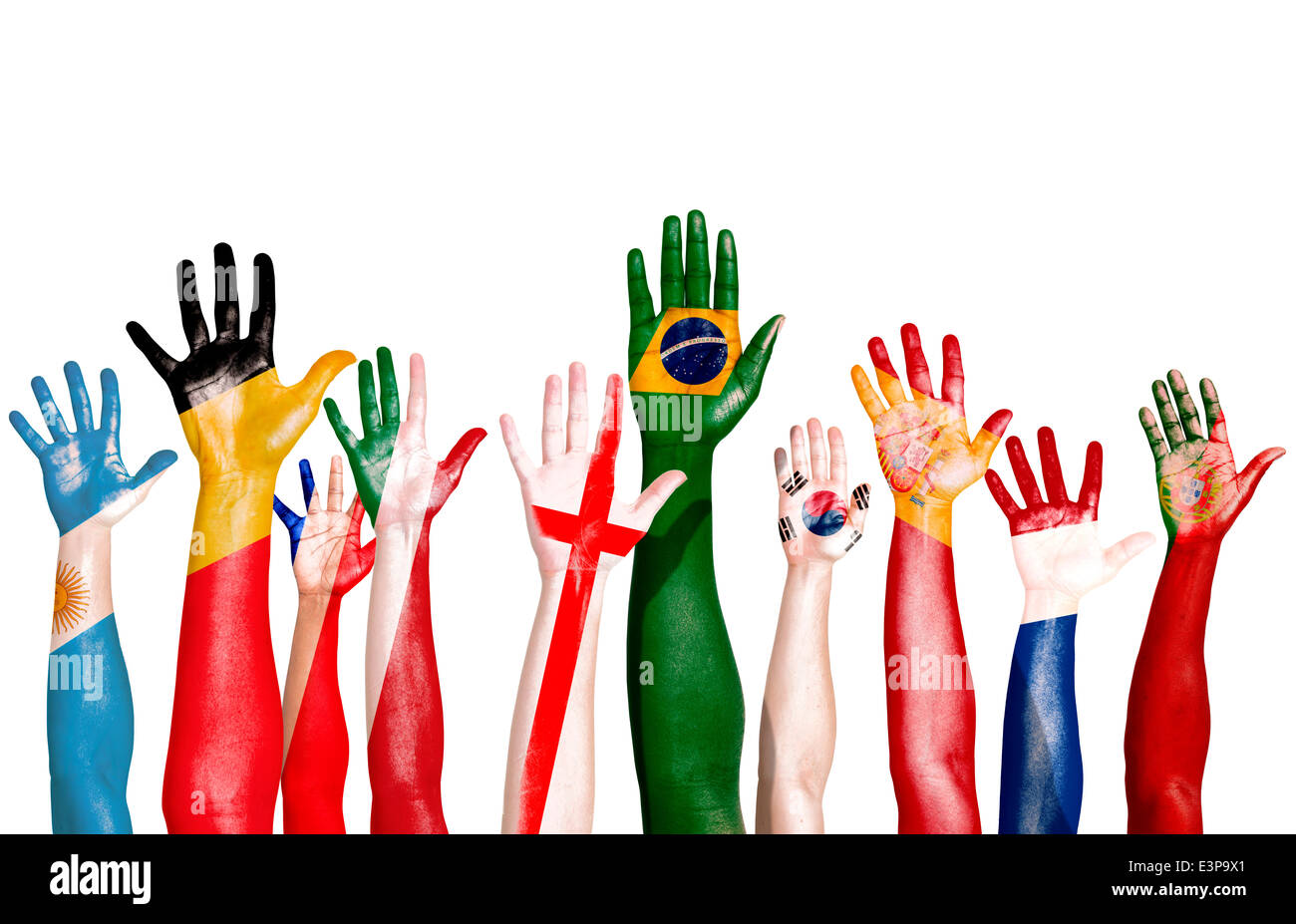 Multi-National Flags Drawn on Raised Hands Stock Photo
