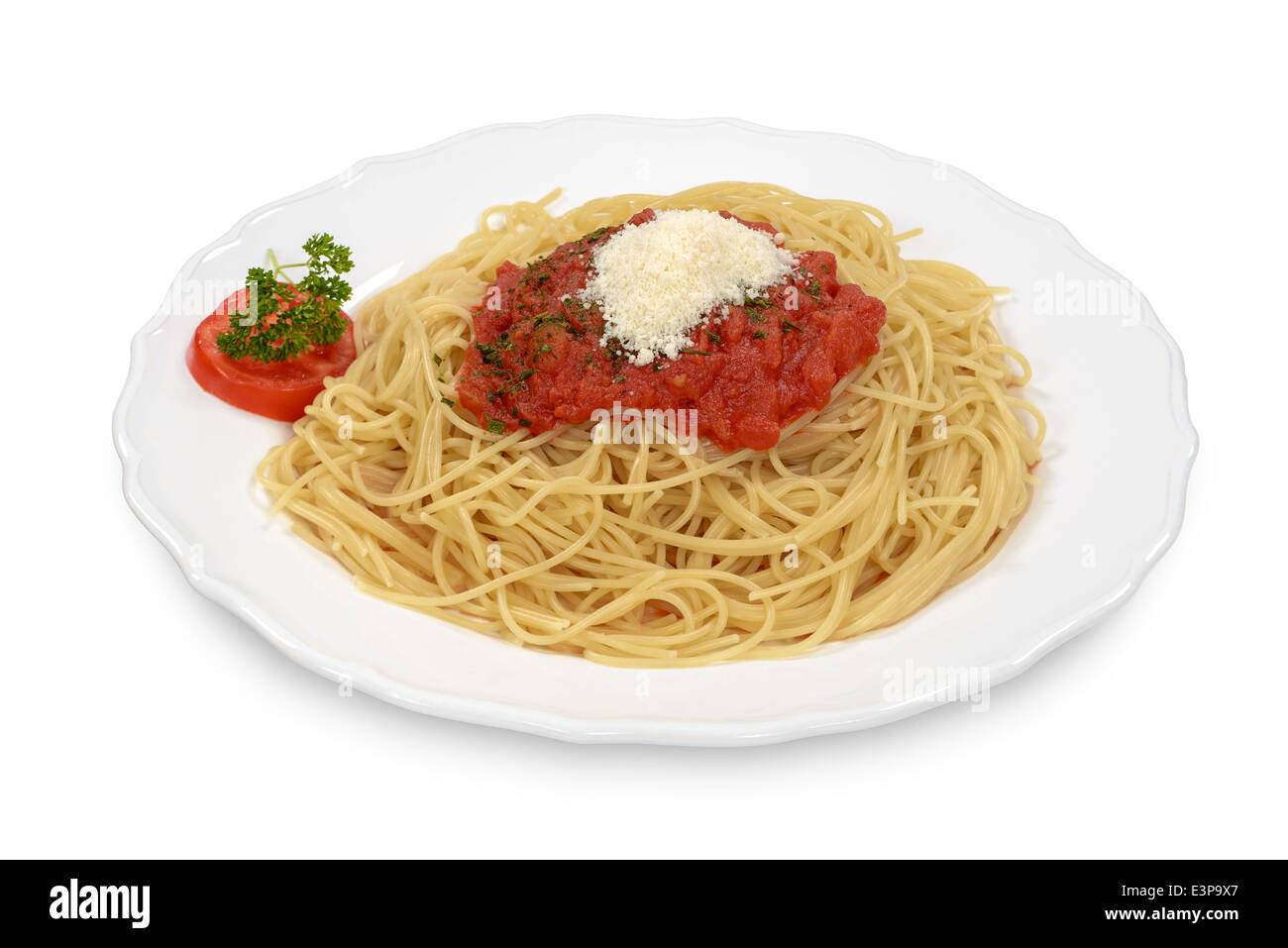 Spaghetti meal dish plate with tomato sauce and cheese Stock Photo