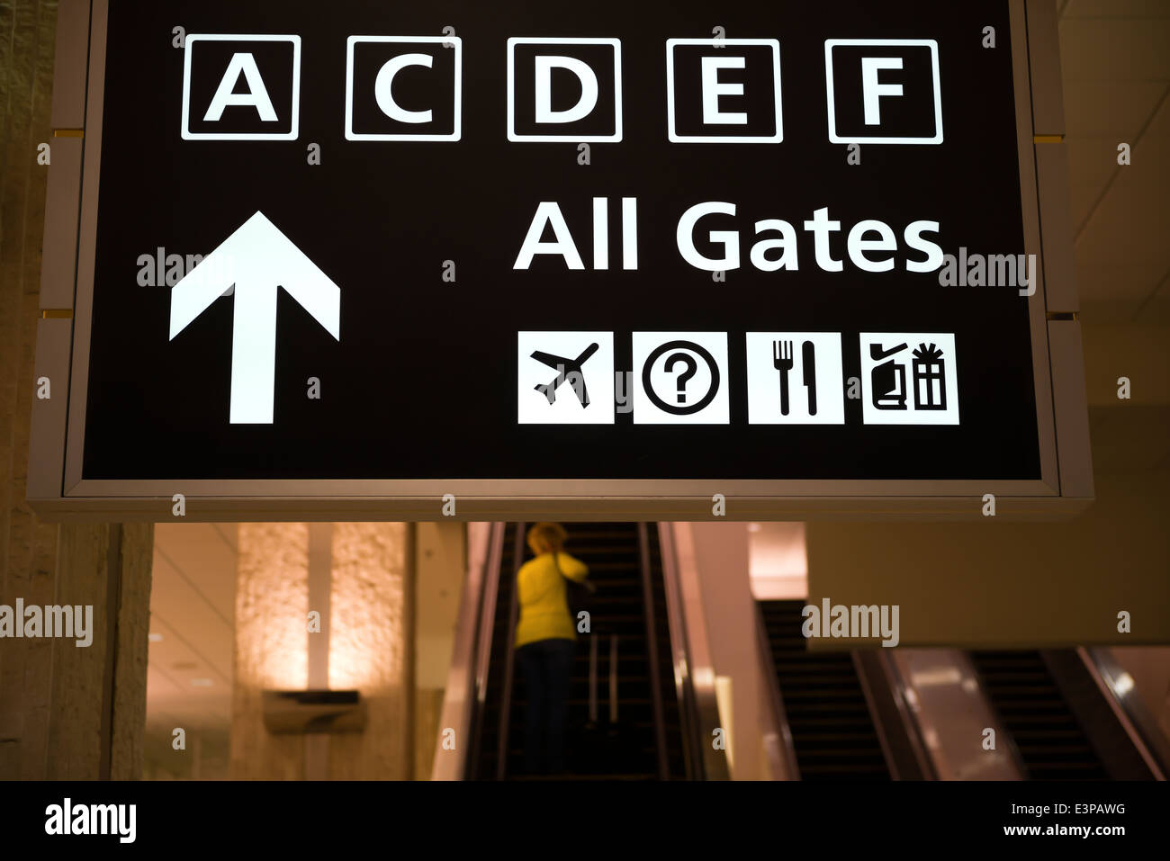 departure gates sign and escalators Stock Photo Alamy