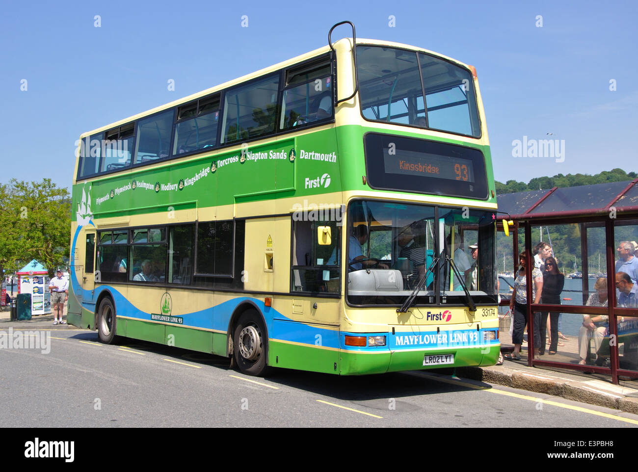 First Group, Mayflower Link 93, double decker bus, Dartmouth, Devon, England, UK Stock Photo