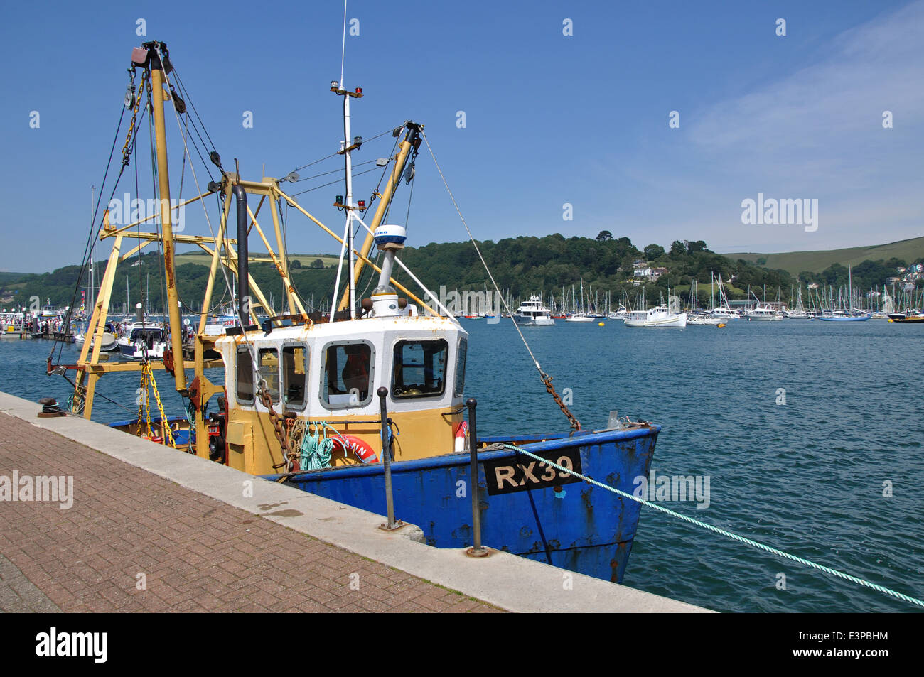 fishing boat moored along quayside on River Dart, Dartmouth, Devon
