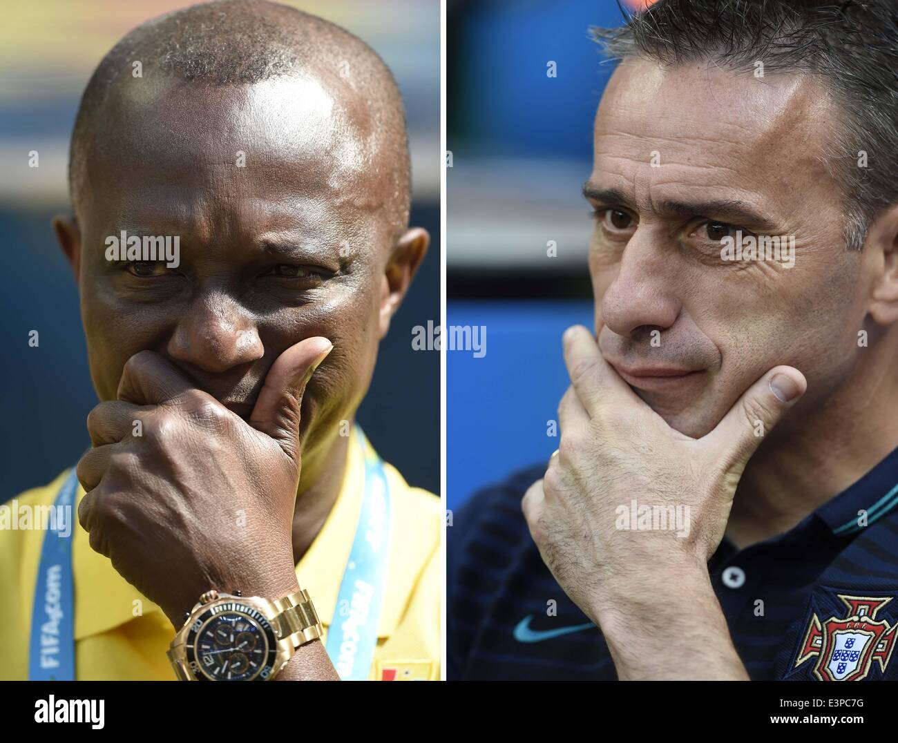 Brasilia, Brazil. 26th June, 2014. The combined photo taken on June 6, 2014 shows Portugal's head coach Paulo Bento (R) and Ghana's head coach Kwesi Appiah looking on during a Group G match between Portugal and Ghana of 2014 FIFA World Cup at the Estadio Nacional Stadium in Brasilia, Brazil, June 26, 2014. Credit:  Qi Heng/Xinhua/Alamy Live News Stock Photo