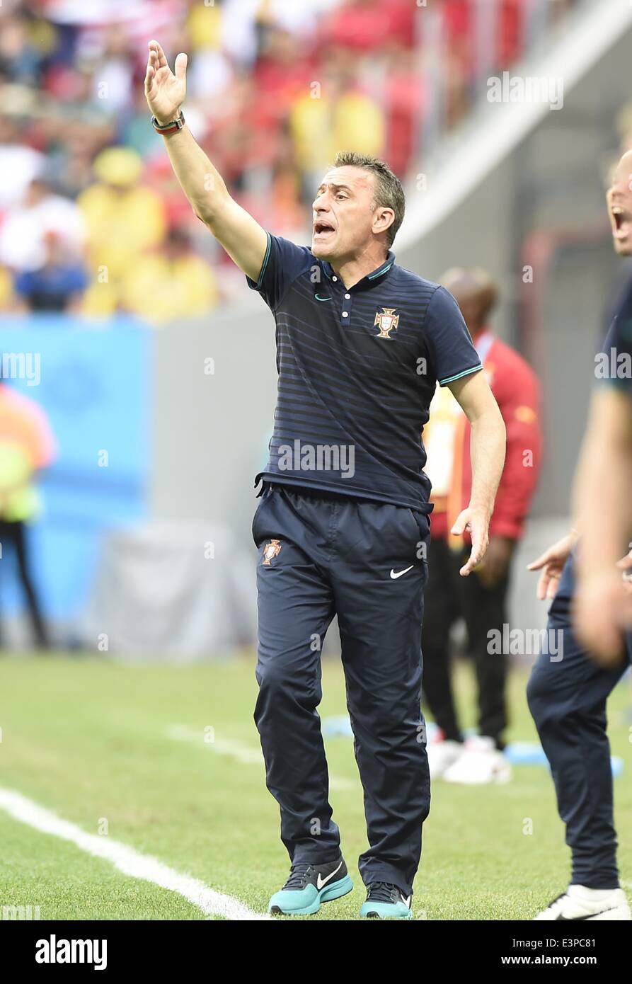 Brasilia, Brazil. 26th June, 2014. Portugal's head coach Paulo Bento gives instructions during a Group G match between Portugal and Ghana of 2014 FIFA World Cup at the Estadio Nacional Stadium in Brasilia, Brazil, June 26, 2014. Credit:  Qi Heng/Xinhua/Alamy Live News Stock Photo