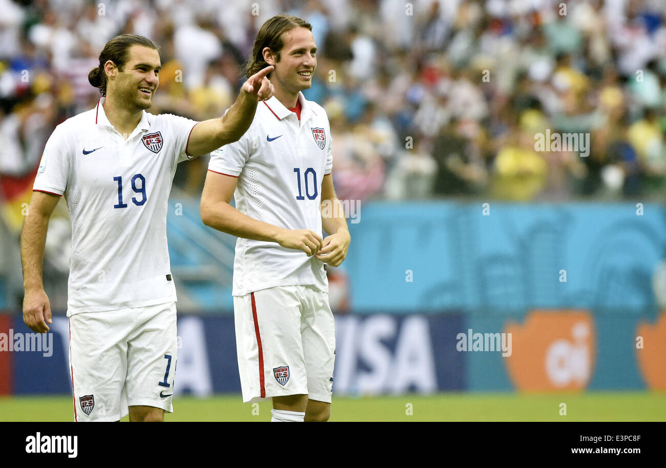 Recife, Brazil. 26th June, 2014. Graham Zusi (L) and Mix Diskerud of the U.S. react after a Group G match between the U.S. and Germany of 2014 FIFA World Cup at the Arena Pernambuco Stadium in Recife, Brazil, on June 26, 2014. Germany won 1-0 over the U.S. on Thursday. Germany and the U.S. enter Round of 16 from Group G. Credit:  Lui Siu Wai/Xinhua/Alamy Live News Stock Photo