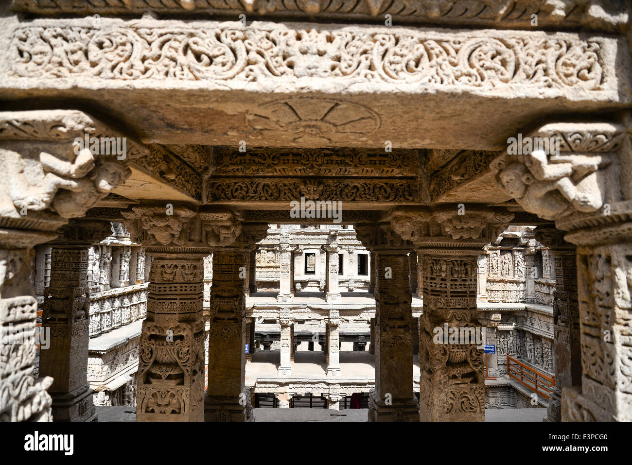 The intricate carvings on the structures of   'Rani-ki-Vav'. Rani Ki Vav is one of the finest stepwells in India. It is  a  stepwell in Gujarat built in the 11th century in memory of King Bhimdev I of the Solanki dynasty. The stepwell was approved by UNESCO as  World Heritage Site for its exceptional example of technological development   in utilizing ground water resources. (Photo by Nisarg Lakhamani/Pacific Press) Stock Photo