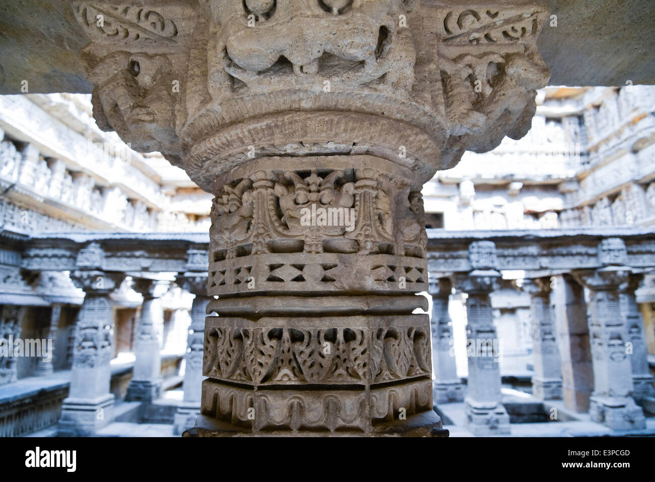 The intricate carvings of the structure of   'Rani-ki-Vav'. Rani Ki Vav is one of the finest stepwells in India. It is  a  stepwell in Gujarat built in the 11th century in memory of King Bhimdev I of the Solanki dynasty. The stepwell was approved by UNESCO as  World Heritage Site for its exceptional example of technological development   in utilizing ground water resources. (Photo by Nisarg Lakhamani/Pacific Press) Stock Photo