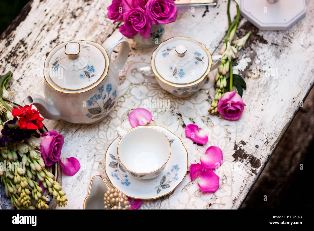 Old fashioned tea set in the garden with roses and petals Stock Photo