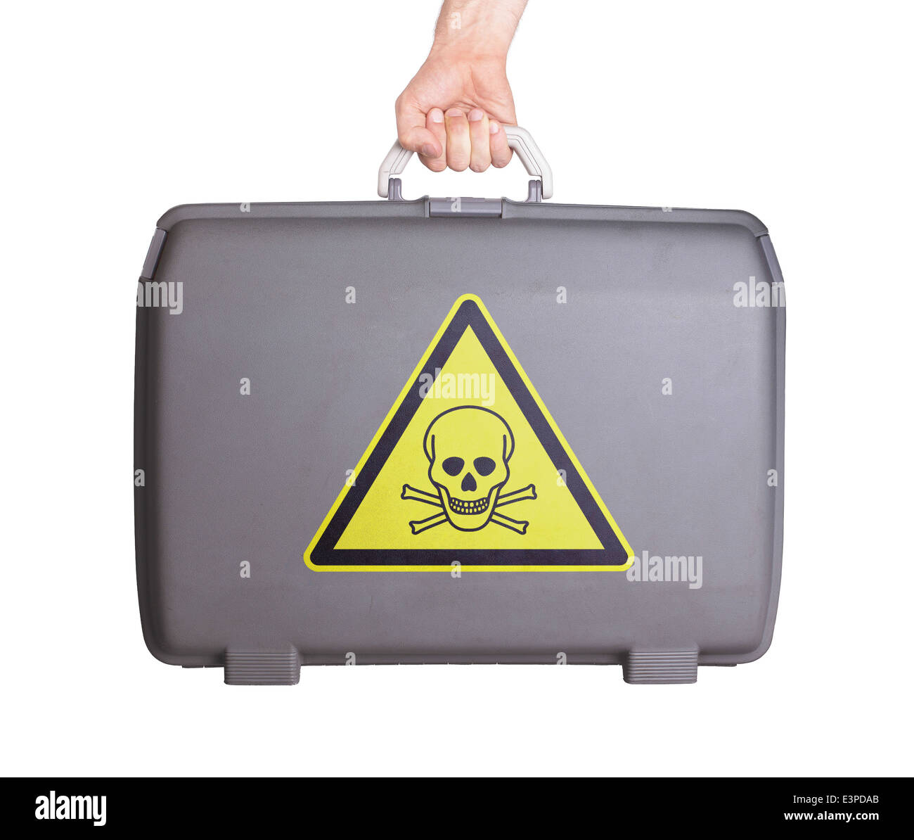 Used plastic suitcase with stains and scratches, danger, poisonous