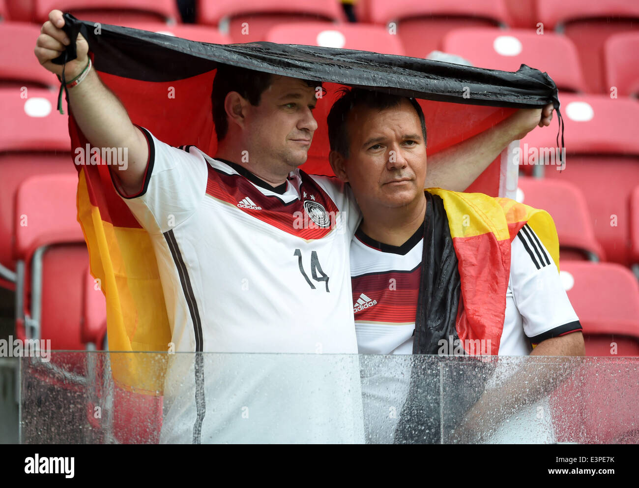 Recife, Brazil. 26th June, 2014. Two supporters of Germany are seen before a Group G match between the U.S. and Germany of 2014 FIFA World Cup at the Arena Pernambuco Stadium in Recife, Brazil, on June 26, 2014. Credit:  Guo Yong/Xinhua/Alamy Live News Stock Photo