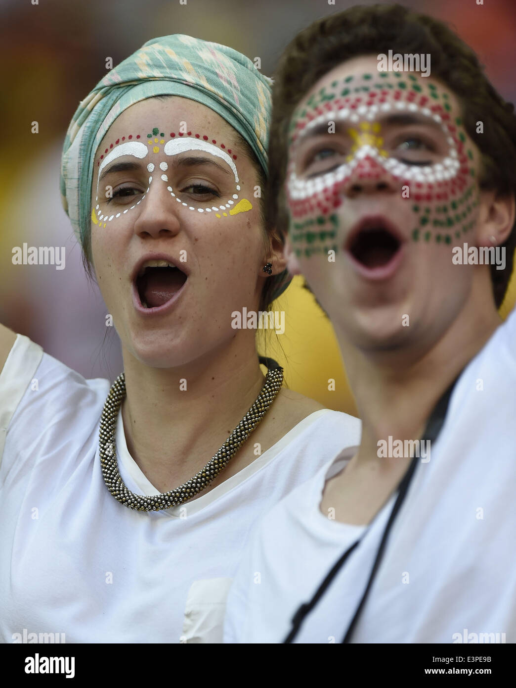 Brasilia, Brazil. 26th June, 2014. Portugal's fans cheer prior to a Group G match between Portugal and Ghana of 2014 FIFA World Cup at the Estadio Nacional Stadium in Brasilia, Brazil, June 26, 2014. © Qi Heng/Xinhua/Alamy Live News Stock Photo