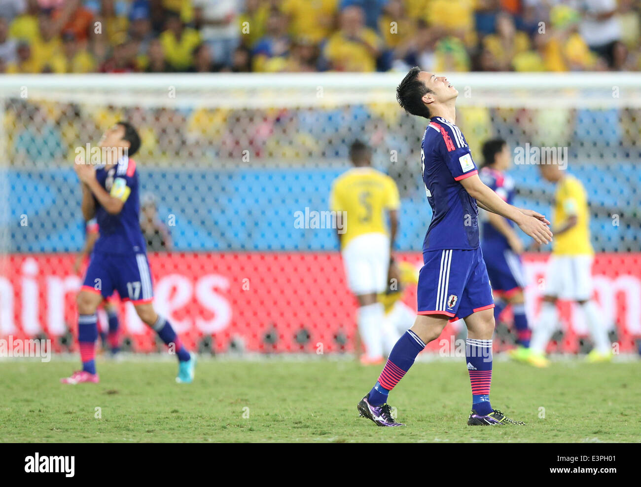 (140624) -- CUIABA, June 24, 2014 (Xinhua) -- Japan's Maya Yoshida reacts during a Group C match between Japan and Colombia of 2014 FIFA World Cup at the Arena Pantanal Stadium in Cuiaba, Brazil, June 24, 2014. Colombia won 4-1 over Japan on Tuesday. (Xinhua/Li Ming) Stock Photo