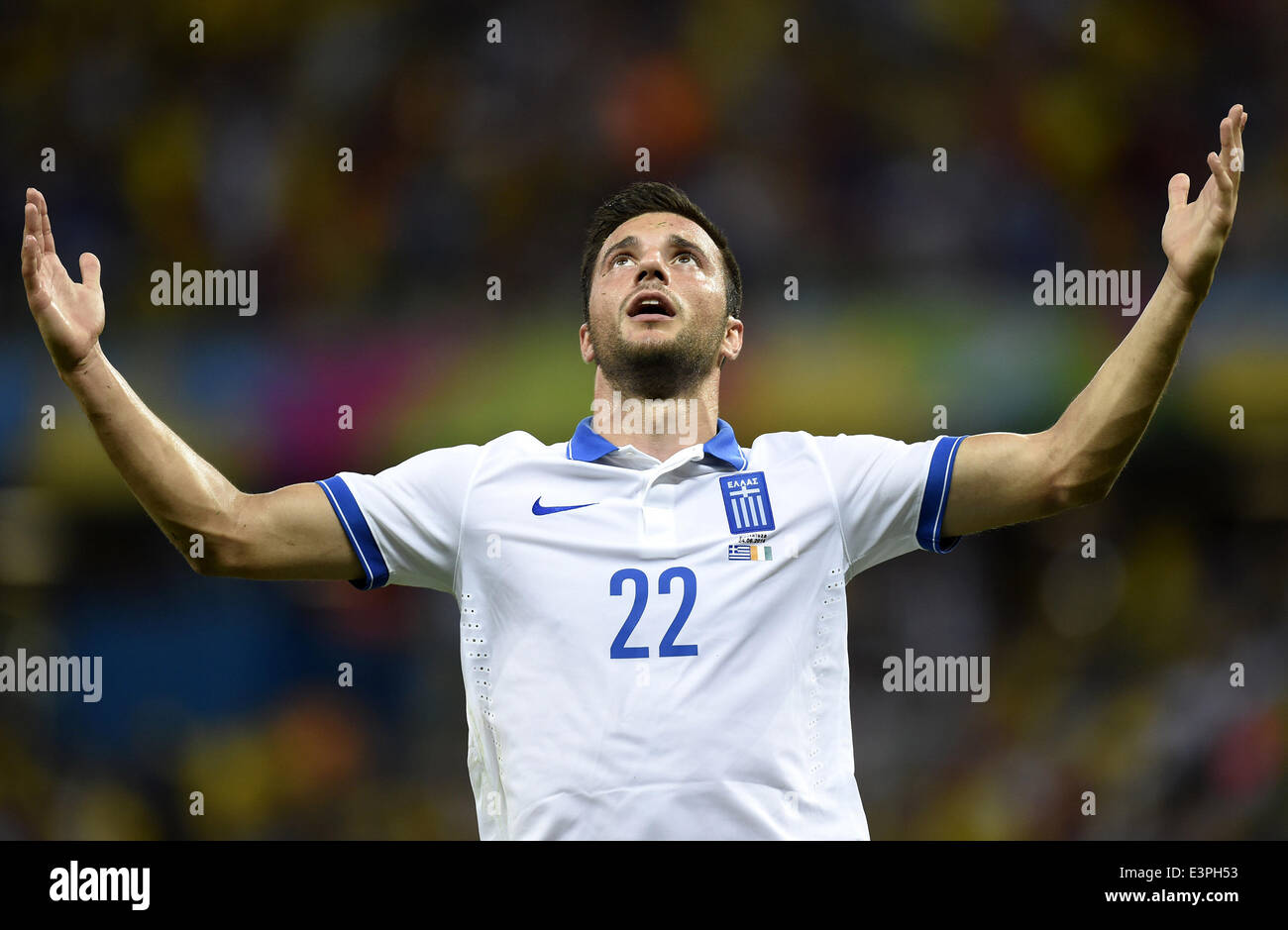 (140624) -- FORTALEZA, June 24, 2014 (Xinhua) -- Greece's Andreas Samaris celebrates for a goal during a Group C match between Greece and Cote d'Ivoire of 2014 FIFA World Cup at the Estadio Castelao Stadium in Fortaleza, Brazil, June 24, 2014. (Xinhua/Yang Lei)(xzj) Stock Photo