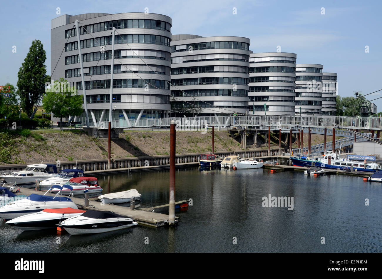 Duisburg Innenhafen with the marina and office buildings. The WDR studio Duisburg is located in the left buildung. (Photo from 22 May 2014). Stock Photo