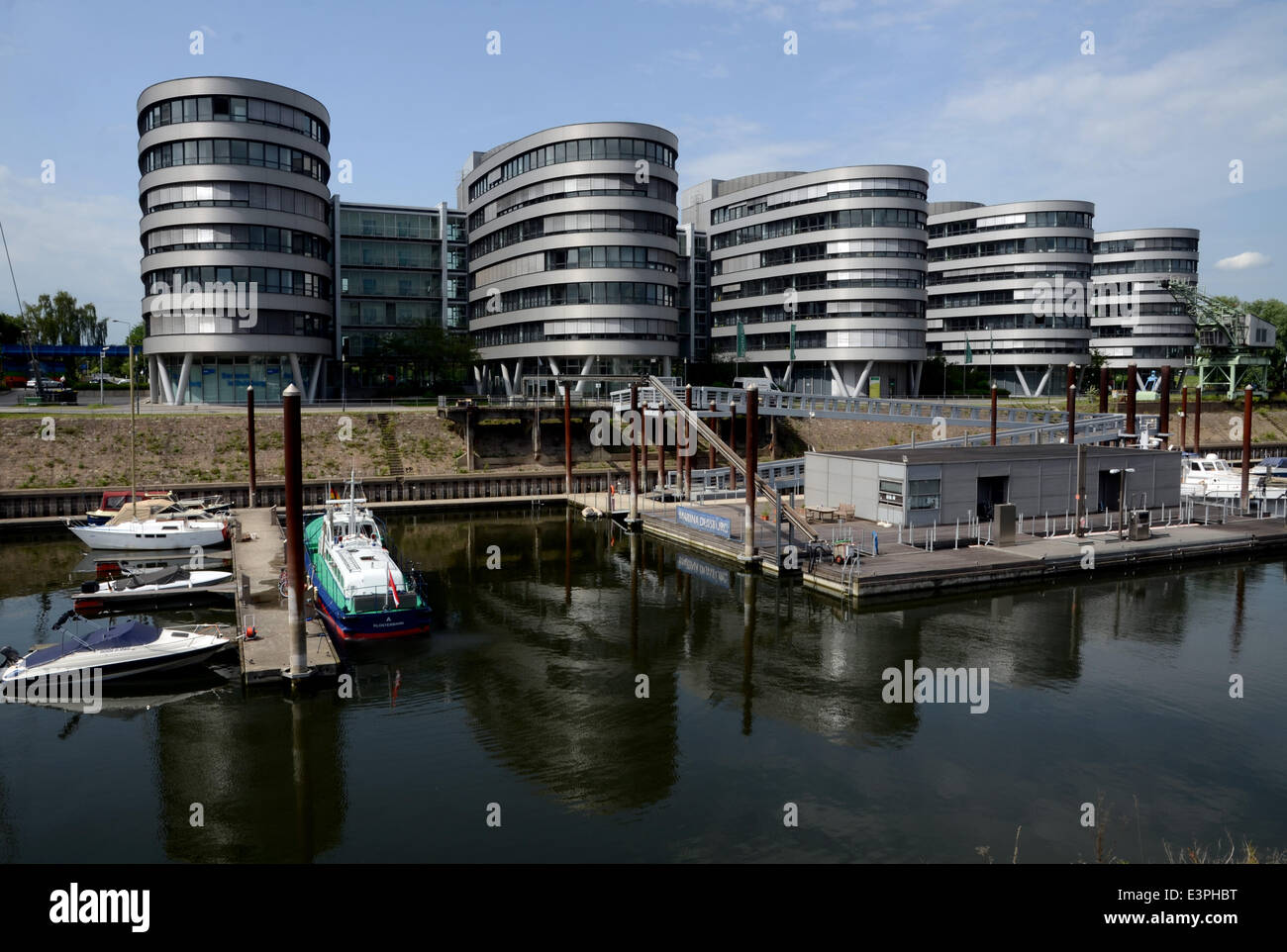 Duisburg Innenhafen with the marina and office buildings. The WDR studio Duisburg is located in the left buildung. (Photo from 22 May 2014). Stock Photo