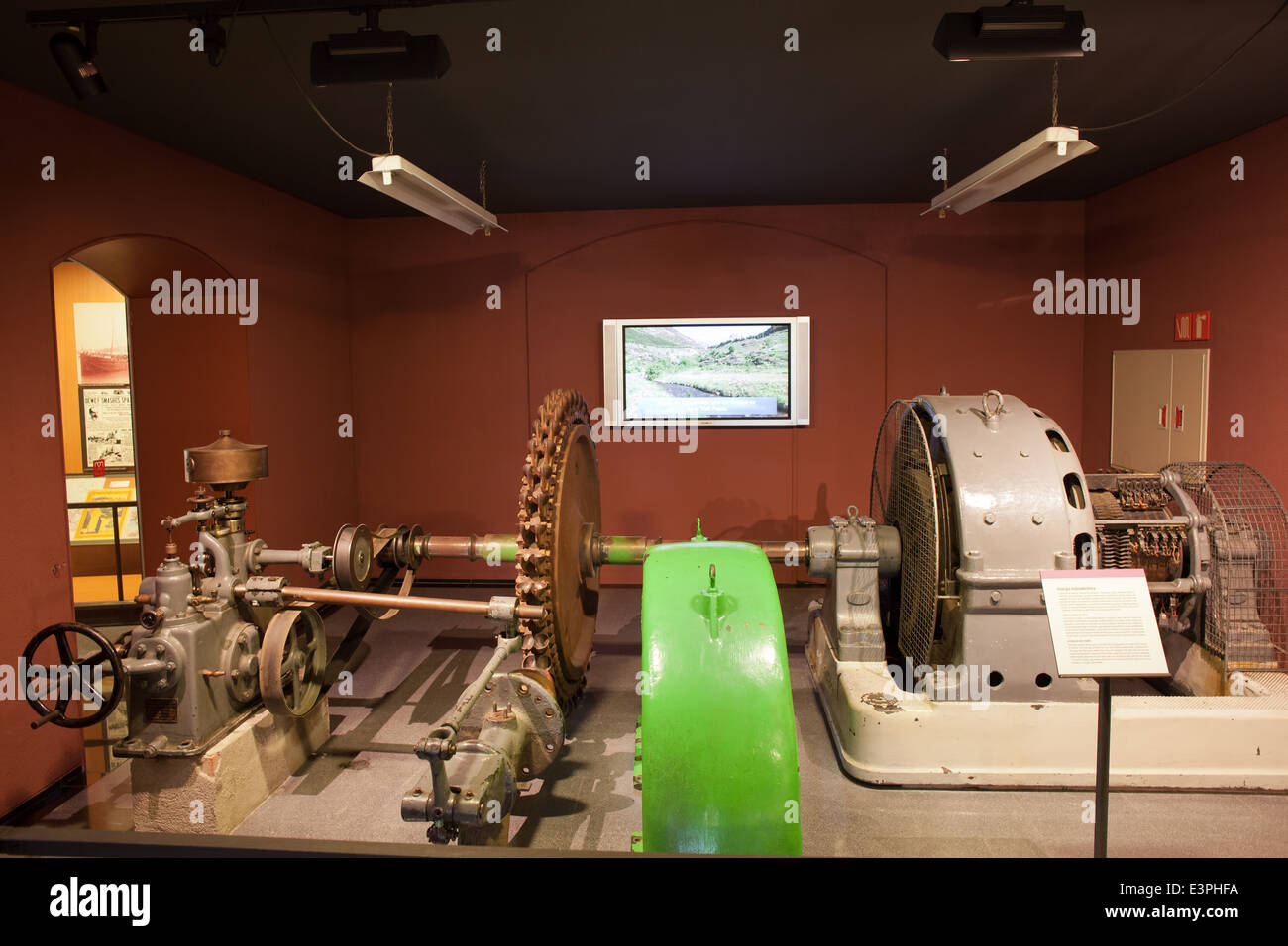 Hydroelectric power machinery in Museum of the History of Catalonia interior in Barcelona, Spain. Stock Photo