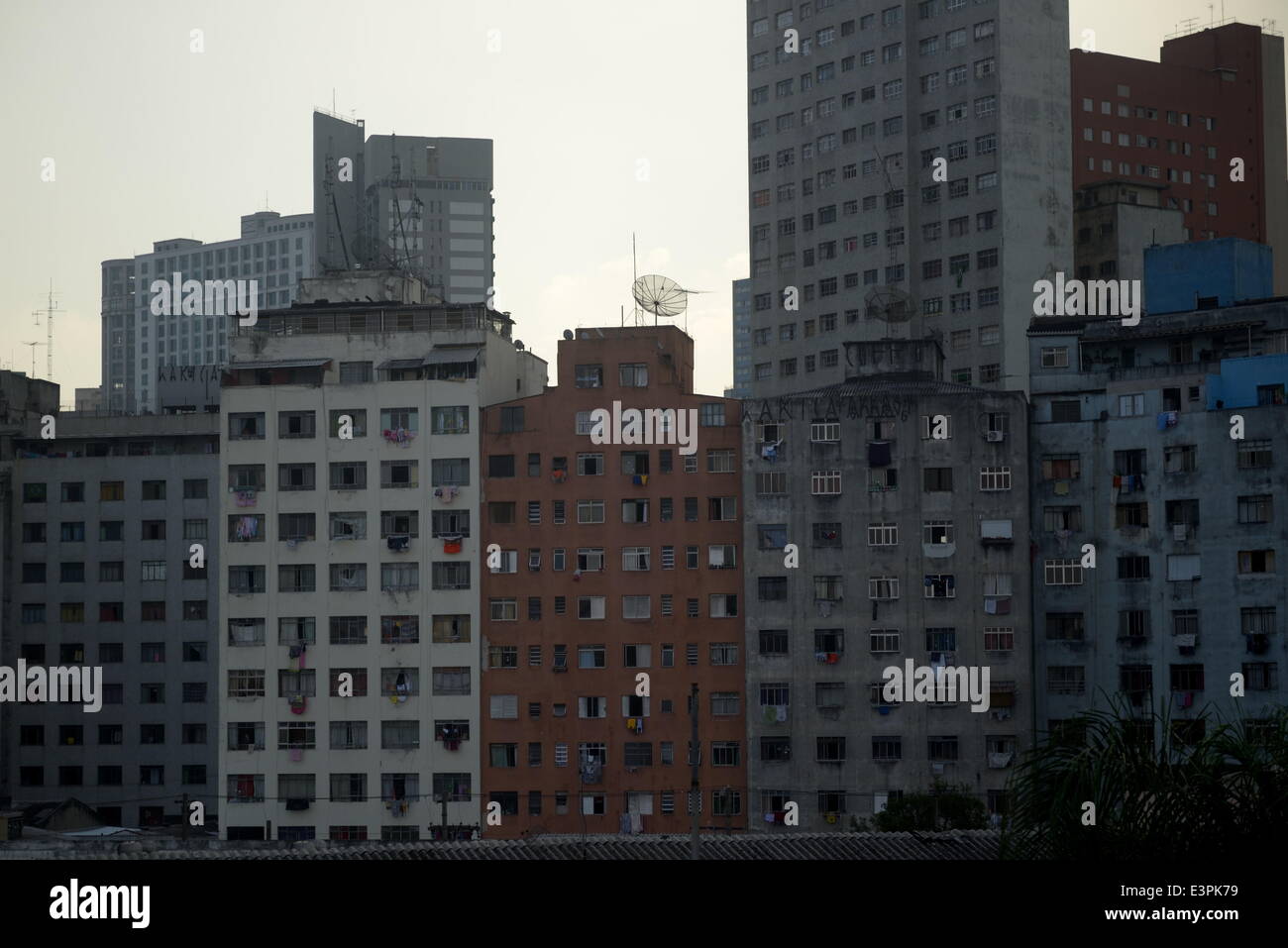 Sao Paulo, Brazil. 17th June, 2014. Appartment buildings in central Sao Paulo on June 17, 2014. More than a million Brazilians took to the streets a year ago to protest government spending on the tournament. The country's economy has slowed to a crawl and public education and health care lag behind those of industrialized nations. Polls show that most Brazilians think hosting the World Cup was a bad idea. © Gili Yaari/NurPhoto/ZUMAPRESS.com/Alamy Live News Stock Photo