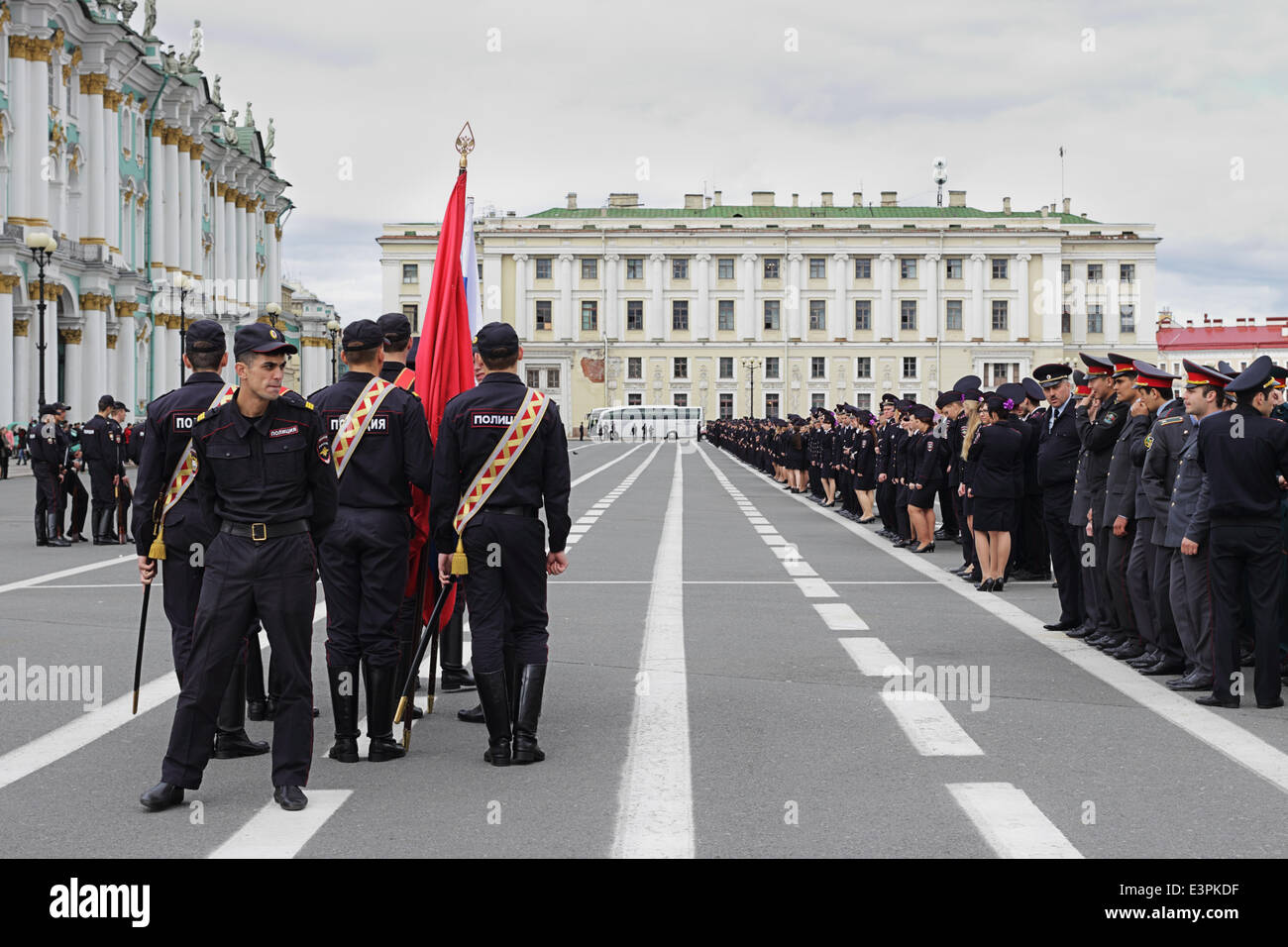 St.Petersburg, Russia, June 25, 2014  On Palace Square was held inspection of forces and means St. Petersburg Police  In the review-divorce participated  riot police, traffic police, patrol police, departments of non-departmental protection of all districts of St. Petersburg. The leaders of the MOI of Russia for Saint-Petersburg and Leningrad region checked the readiness of employees to  service. Stock Photo