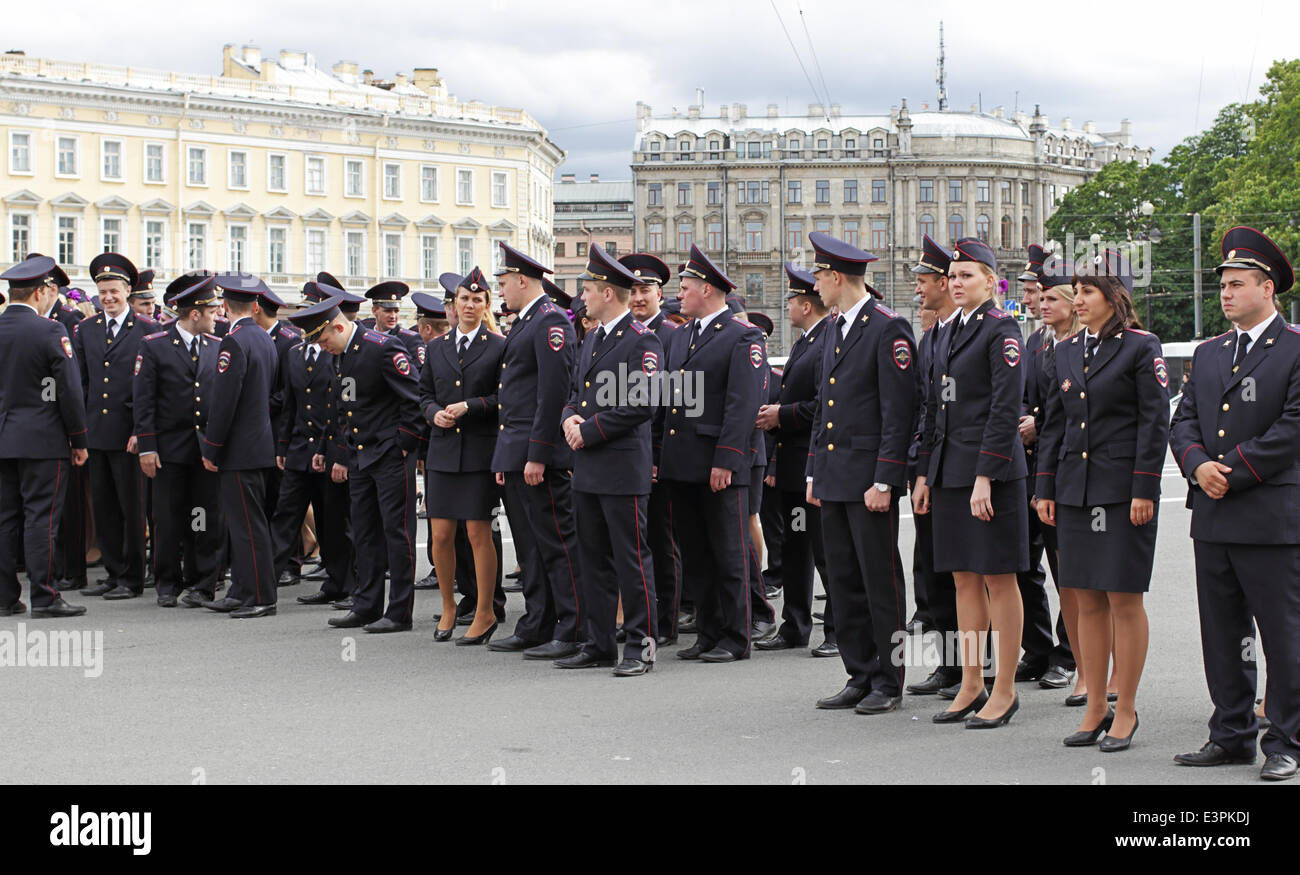 St.Petersburg, Russia, June 25, 2014  On Palace Square was held inspection of forces and means St. Petersburg Police  In the review-divorce participated  riot police, traffic police, patrol police, departments of non-departmental protection of all districts of St. Petersburg. The leaders of the MOI of Russia for Saint-Petersburg and Leningrad region checked the readiness of employees to  service. Stock Photo