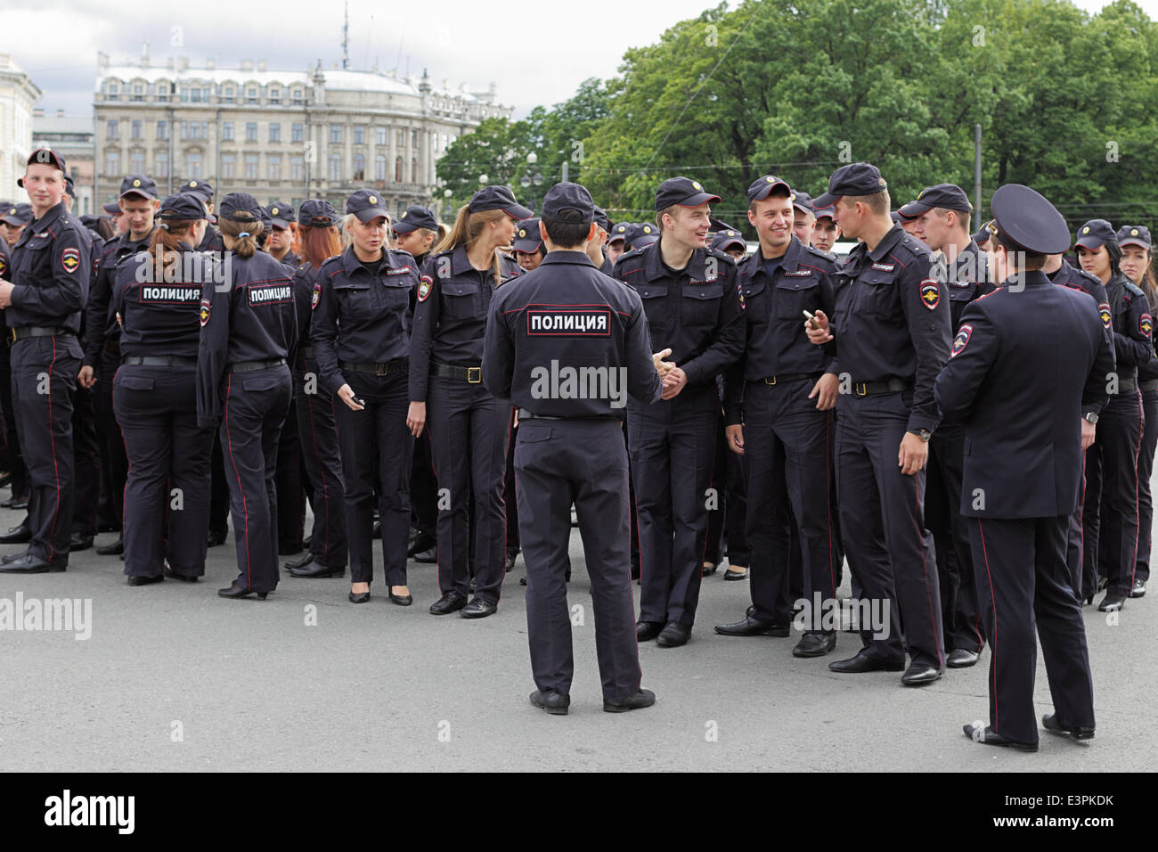 St.Petersburg, Russia, June 25, 2014  On Palace Square was held inspection of forces and means St. Petersburg Police  In the review-divorce participated  riot police, traffic police, patrol police, departments of non-departmental protection of all districts of St. Petersburg. The leaders of the MOI of Russia for Saint-Petersburg and Leningrad region checked the readiness of employees to  service. Stock Photo