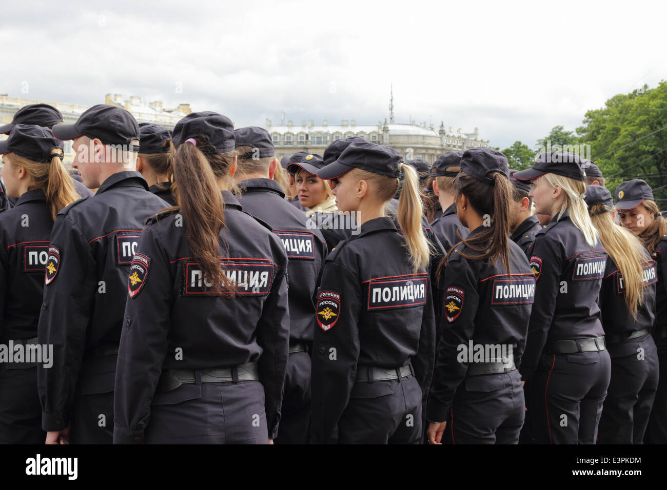 St.Petersburg, Russia, June 25, 2014  On Palace Square was held inspection of forces and means St. Petersburg Police  In the review-divorce participated  riot police, traffic police, patrol police, departments of non-departmental protection of all districts of St. Petersburg. The leaders of the MOI of Russia for Saint-Petersburg and Leningrad region checked the readiness of employees to  service. Stock Photo