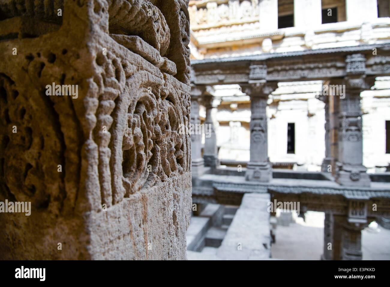 The intricate carvings on the structures of 'Rani-ki-Vav'. Rani Ki Vav is one of the finest stepwells in India. It is a stepwell in Gujarat built in the 11th century in memory of King Bhimdev I of the Solanki dynasty. The stepwell was approved by UNESCO as World Heritage Site for its exceptional example of technological development in utilizing ground water resources. (Photo by Nisarg Lakhamani/Pacific Press) Stock Photo