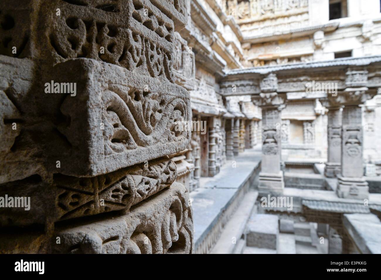 The strong posts of the structure of 'Rani-ki-Vav'. Rani Ki Vav is one of the finest stepwells in India. It is a stepwell in Gujarat built in the 11th century in memory of King Bhimdev I of the Solanki dynasty. The stepwell was approved by UNESCO as World Heritage Site for its exceptional example of technological development in utilizing ground water resources. (Photo by Nisarg Lakhamani/Pacific Press) Stock Photo
