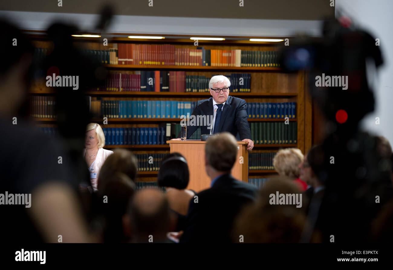 Berlin, Germany. 27th June, 2014. German Foreign Minister Frank-Walter Steinmeier opens the 'Transatlantic Cyber Dialogue' at the Foreign Office in Berlin, Germany, 27 June 2014. The Cyber Dialogue is meant to help clear up the anxiety between Germany and the USA because of the NSA affair. Photo: BERND VON JUTRCZENKA/dpa/Alamy Live News Stock Photo