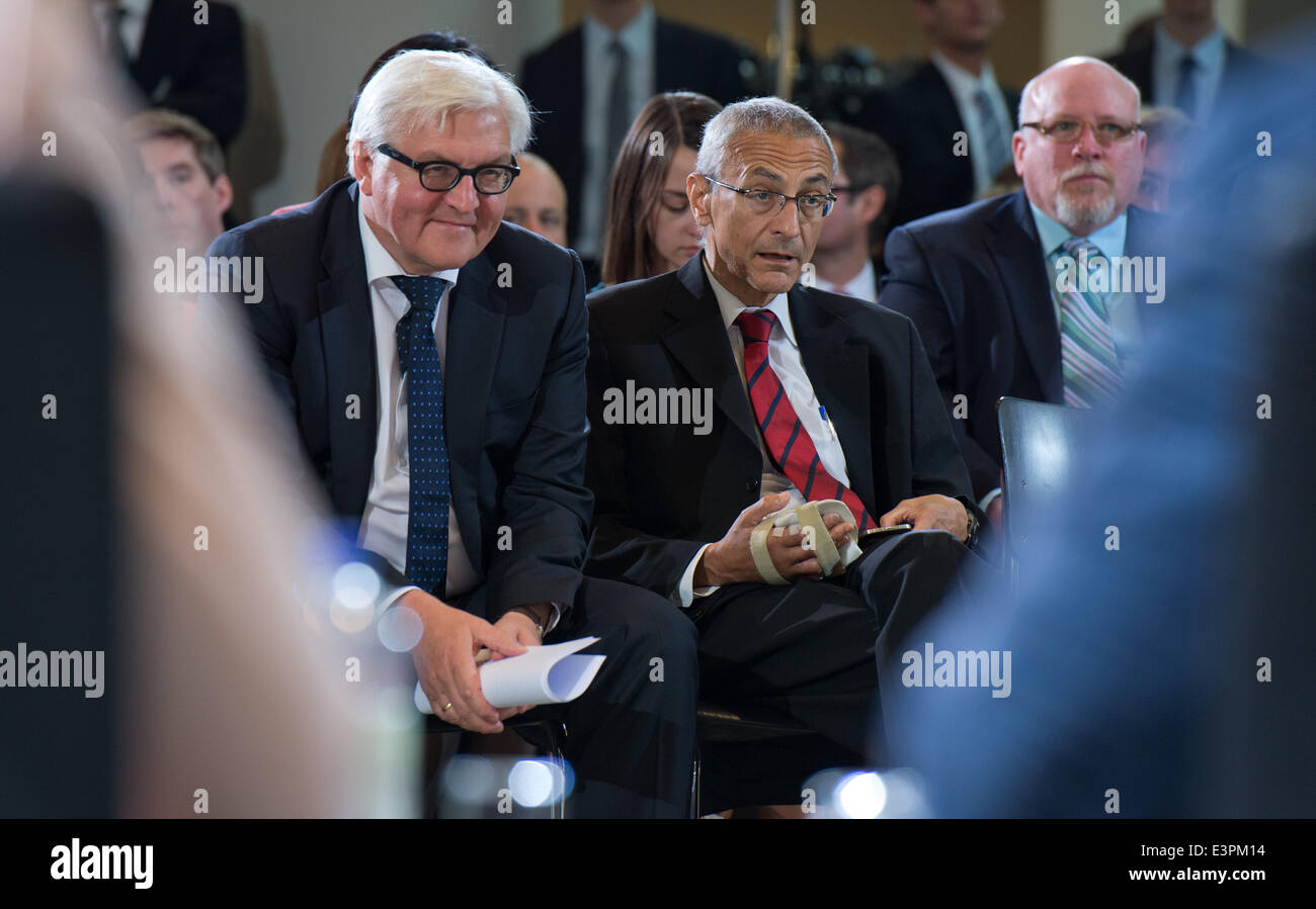 German Foreign Minister Frank-Walter Steinmeier (L) and former US Chief of Staff John Podesta sit at the 'Transatlantic Cyber Dialogue' at the Foreign Office in Berlin, Germany, 27 June 2014. The Cyber Dialogue is meant to help clear up the anxiety between Germany and the USA because of the NSA affair. Photo: BERND VON JUTRCZENKA/dpa Stock Photo