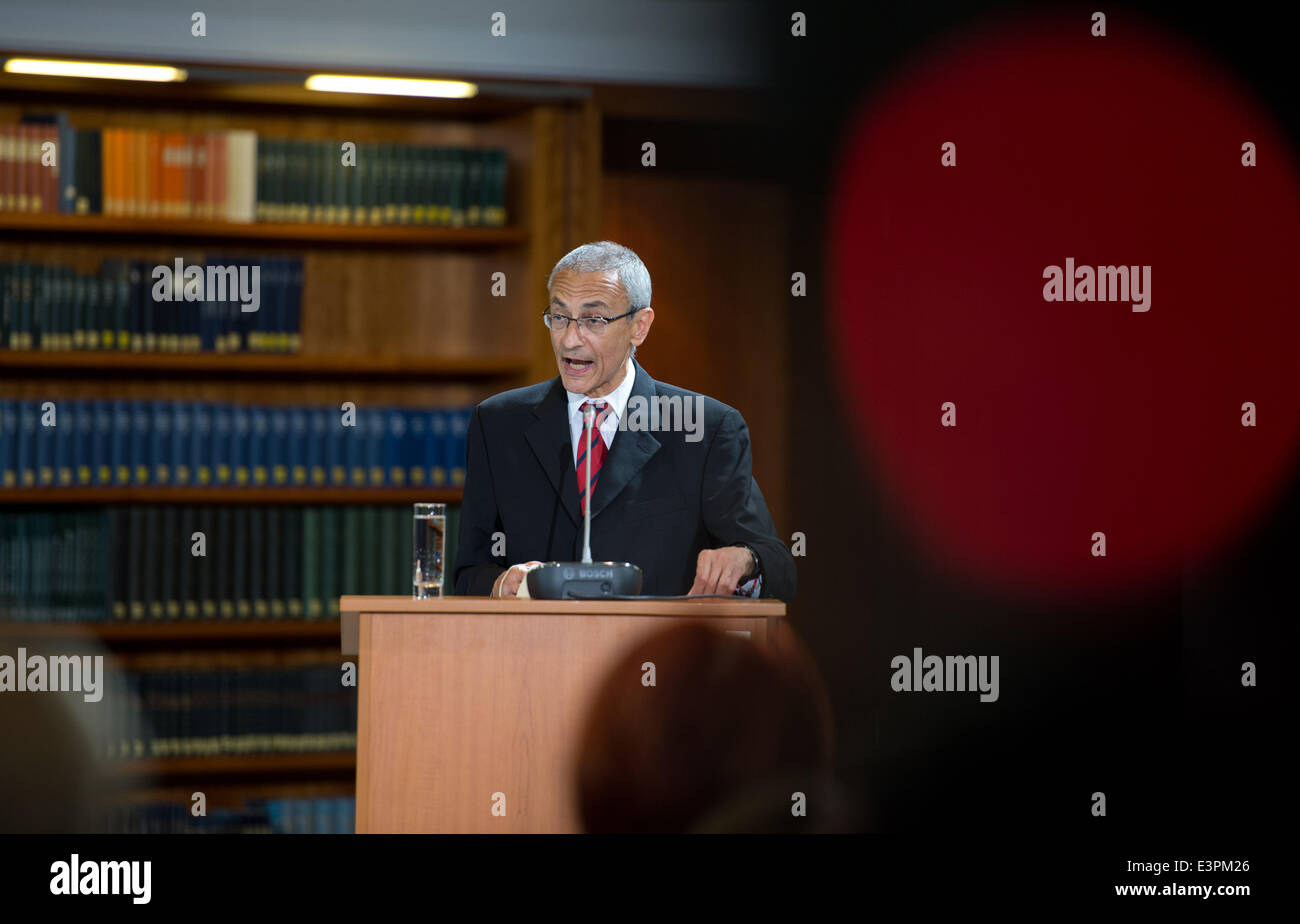 Berlin, Germany. 27th June, 2014. Former US chief of staff John Podesta speaks at the 'Transatlantic Cyber Dialogue' at the Foreign Office in Berlin, Germany, 27 June 2014. The Cyber Dialogue is meant to help clear up the anxiety between Germany and the USA because of the NSA affair. Photo: BERND VON JUTRCZENKA/dpa/Alamy Live News Stock Photo
