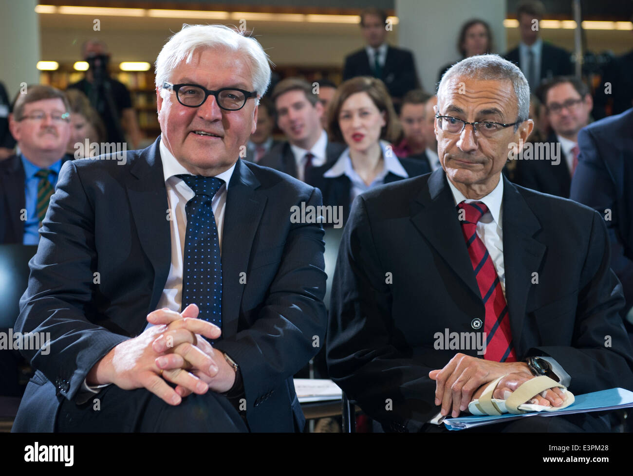 Berlin, Germany. 27th June, 2014. German Foreign Minister Frank-Walter Steinmeier (L) and former US Chief of Staff John Podesta sit at the 'Transatlantic Cyber Dialogue' at the Foreign Office in Berlin, Germany, 27 June 2014. The Cyber Dialogue is meant to help clear up the anxiety between Germany and the USA because of the NSA affair. Photo: BERND VON JUTRCZENKA/dpa/Alamy Live News Stock Photo
