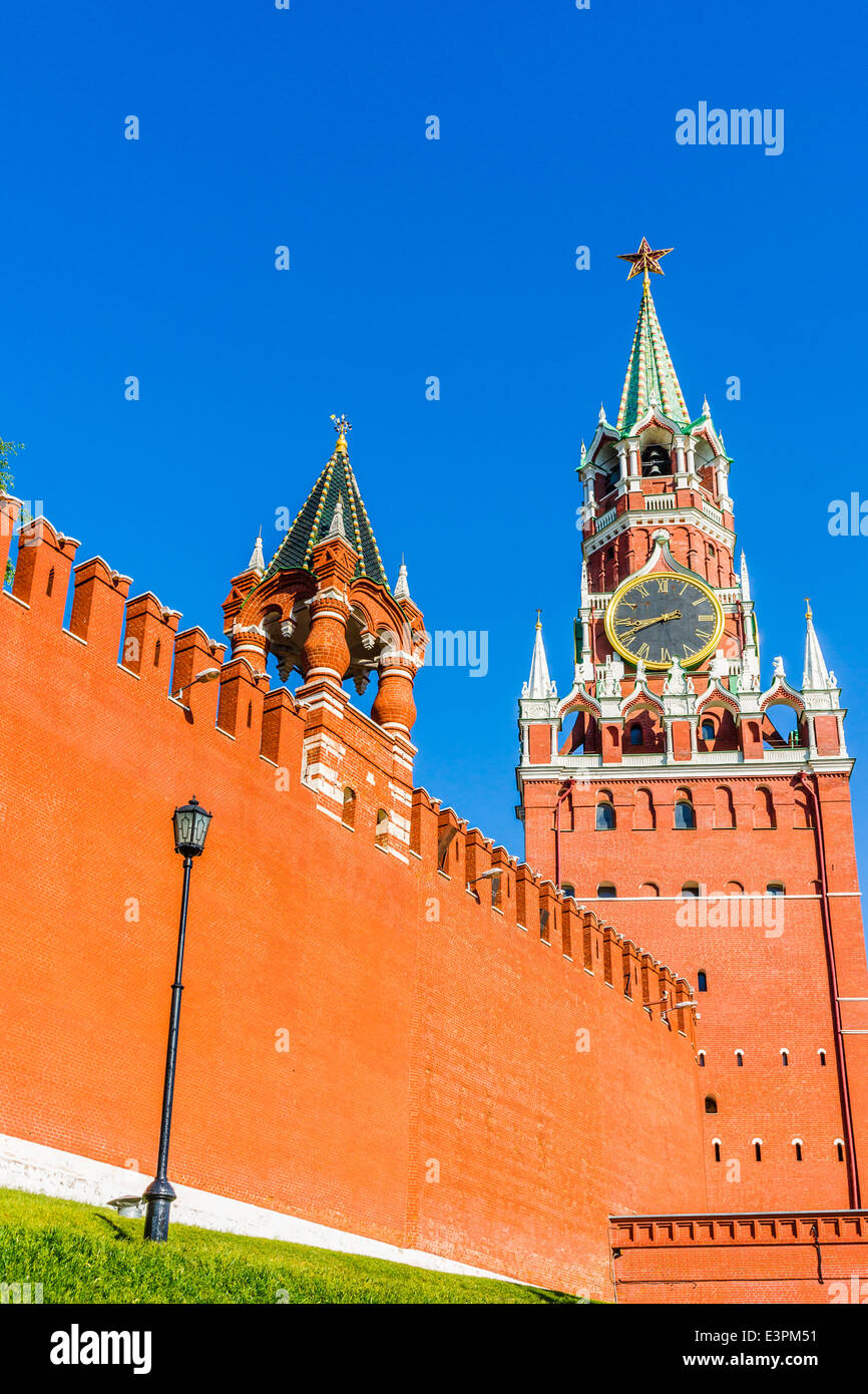Small Czar and tall Spasskaya (Savior's) towers of Moscow Kremlin - the main tower of the Kremlin Stock Photo