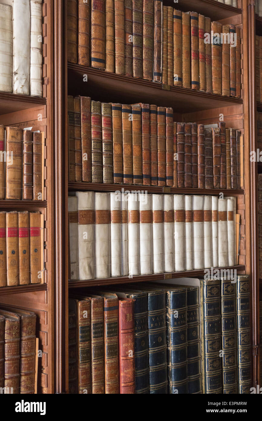 Antique books lined up and neatly displayed on bookshelves in library