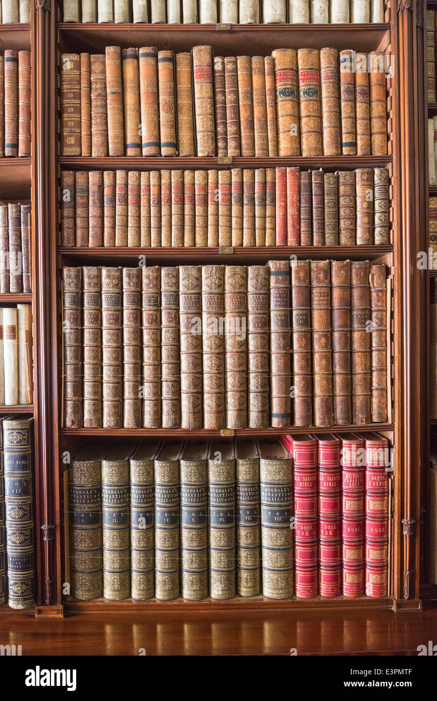 Antique books lined up and neatly displayed on bookshelves in library at Tatton Park, Cheshire, UK Stock Photo