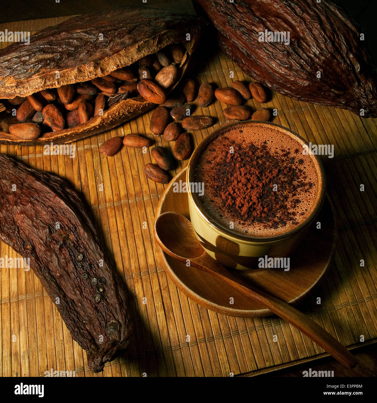 Hot chocolate Cocoa drinking chocolate with natural bean and pod on