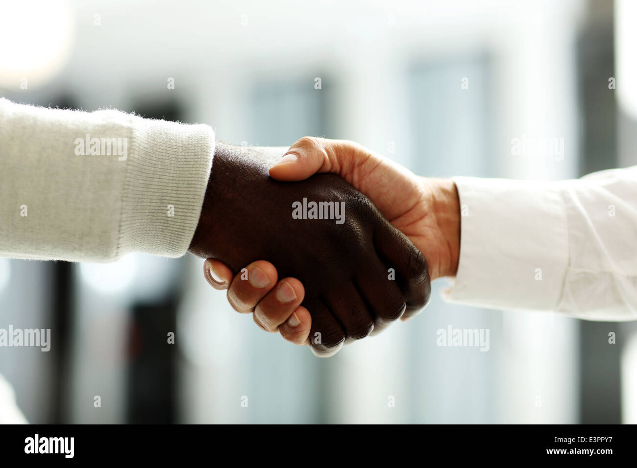 Close-up of businessmen shaking hands, Caucasian and African-American Stock Photo