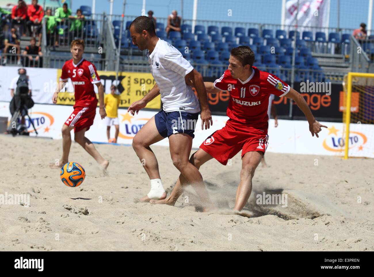 Sopot, Poland. 27th June, 2014. Euro Beach Soccer League tournament in Sopot. Game between France and Switzerland. Noel Ott (11) in action against Didler Samoun (5) during the game. Credit:  Michal Fludra/Alamy Live News Stock Photo
