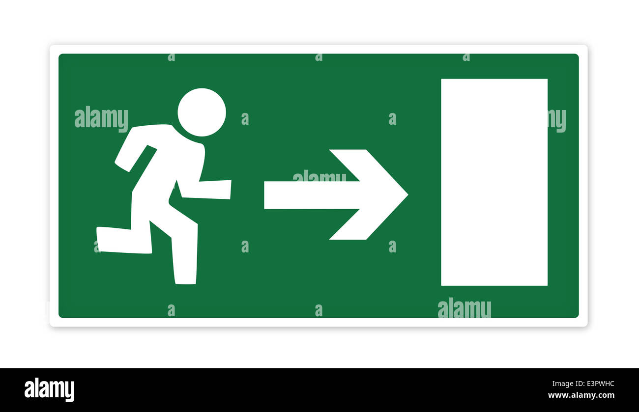 Green emergency exit sign with man running to door with arrow demonstrating direction. Isolated on a white background with clipp Stock Photo